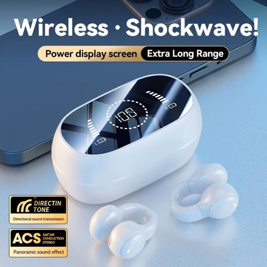 Open Ear Clip Earbuds TWS Wireless Bluetooth – LED Digital Display Charging Case, Intelligent Noise Cancelling, Hi-Fi Stereo, Long Range, Sports Gaming Daily Use, Black Beige