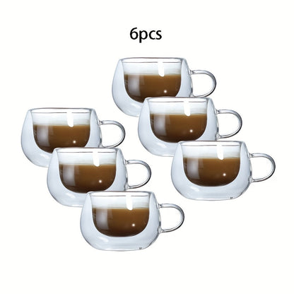 Double Wall Glass Coffee Cups with Handle Insulated Transparent Borosilicate Espresso Cappuccino Latte Tea Cups Set - Clear Heat Resistant Beverage Glasses for Hot & Cold Drinks