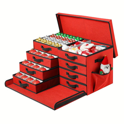 Christmas Ornament Storage Box with 128 Compartments, Eight Removable Trays and Red or Green Color Options