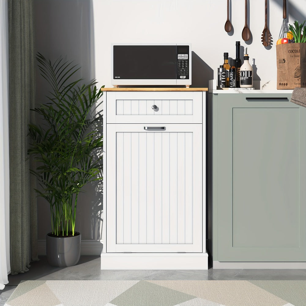 Tilt Out Trash Cabinet Freestanding Kitchen Garbage Cabinet with Cutting Board & Drawer – Wood Hideaway Recycling Station, Fits 10 Gal, Black/White