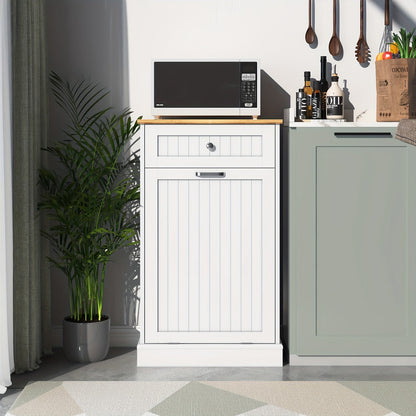 Tilt Out Trash Cabinet Freestanding Kitchen Garbage Cabinet with Cutting Board & Drawer – Wood Hideaway Recycling Station, Fits 10 Gal, Black/White