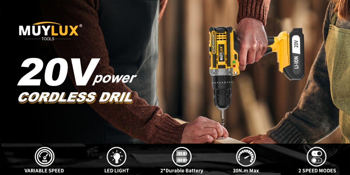 20V Cordless Drill Set Impact Power Drill 3/8 Inch Keyless Chuck 18+3 Clutch 45Nm Max Torque for Entryways, Bedrooms and Living Spaces