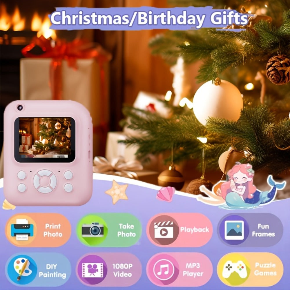 Instant Print Camera for Kids 48MP with Print Paper 32G TF Card 1080P FHD Video Flash MP4 Puzzle Game Cartoon Mini Digital Camera Printer Ages 6+ Birthday Christmas Gift