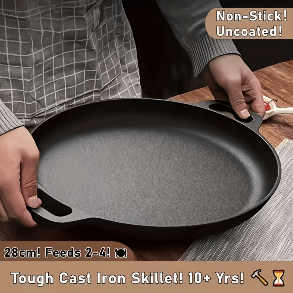 28cm Cast Iron Skillet with Dual Loop Handles and Broad Round Cooking Surface for Oven, Grill or Campfire Use