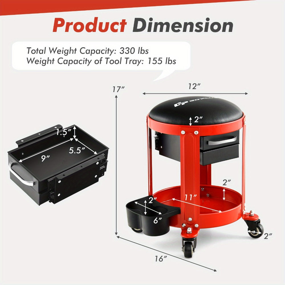 Rolling Workshop Stool with Drawers – 330 lb Mechanic Seat with 2 Storage Drawers, Cup Holders, Tool Tray, Removable Cushion & 4 Swivel Casters for Garage Auto Repair (Black/Red)