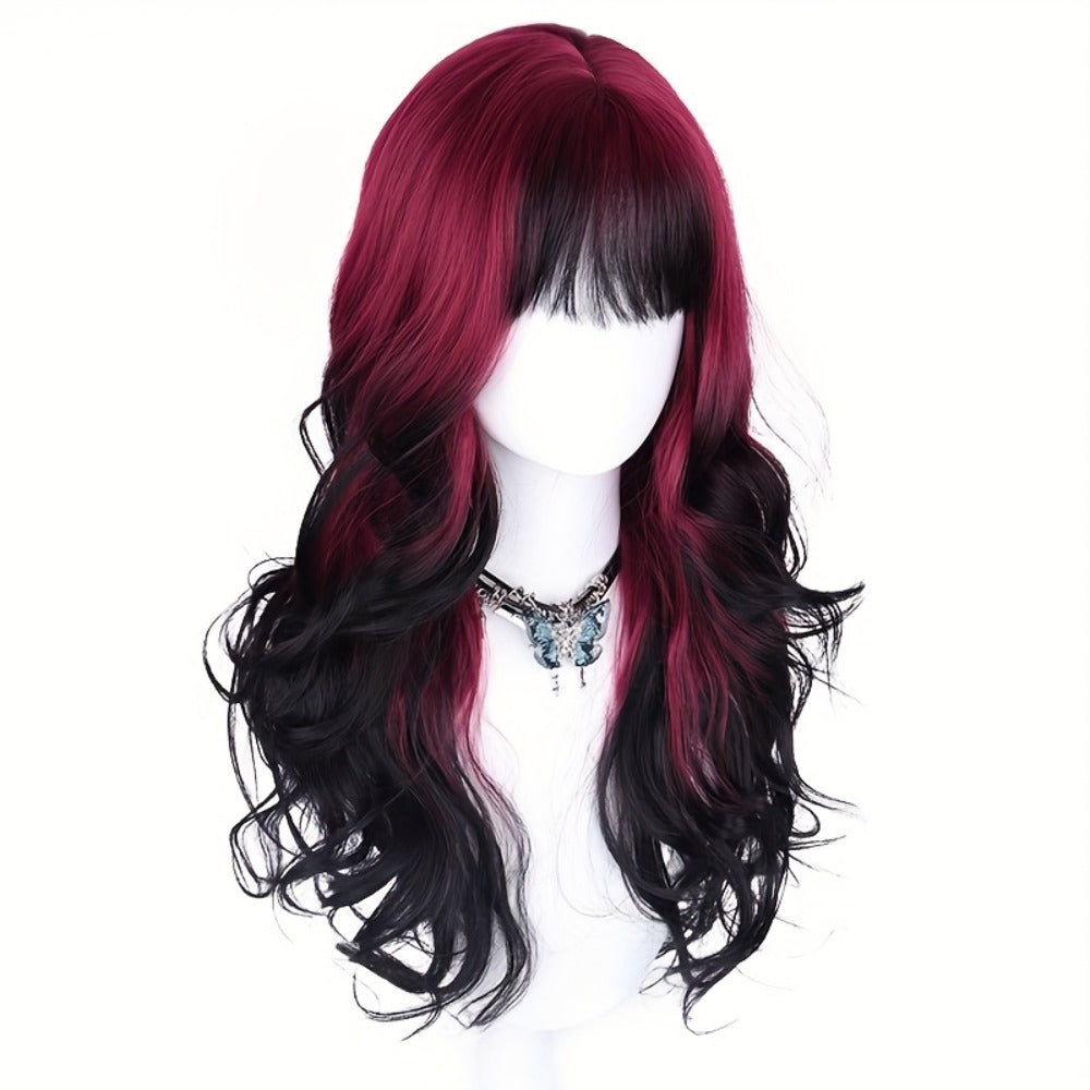 28-Inch Synthetic Curly Wig in Black with Red Highlights and Pictured Rose-Net Cap for Costume or Daily Styling