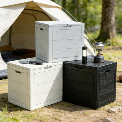 35-Gallon Compact Wood-Look Deck Box with Hinged Lid, Side Grips and Three Enhanced Color Options