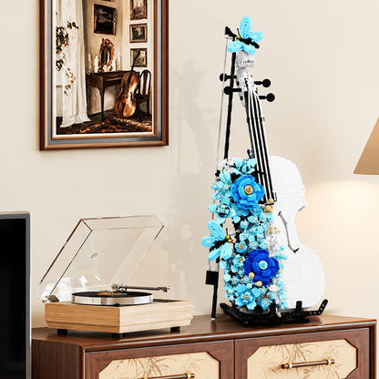 1419-Piece Flower Violin Building Block Model with Brick-Built Stand, Blue Blooms and Panel Detail