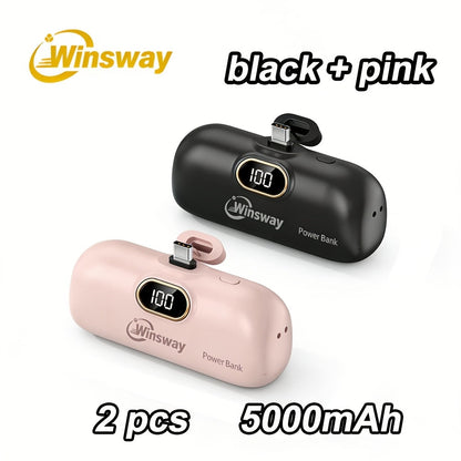 Winsway 5000mAh Mini Portable Charger Type-C Metal Plug with LED LCD Display – Fast Charging Pocket Battery Pack for iPhone 17 16 15 Pro Max iPad Pro Android Samsung, Compact Travel Gift