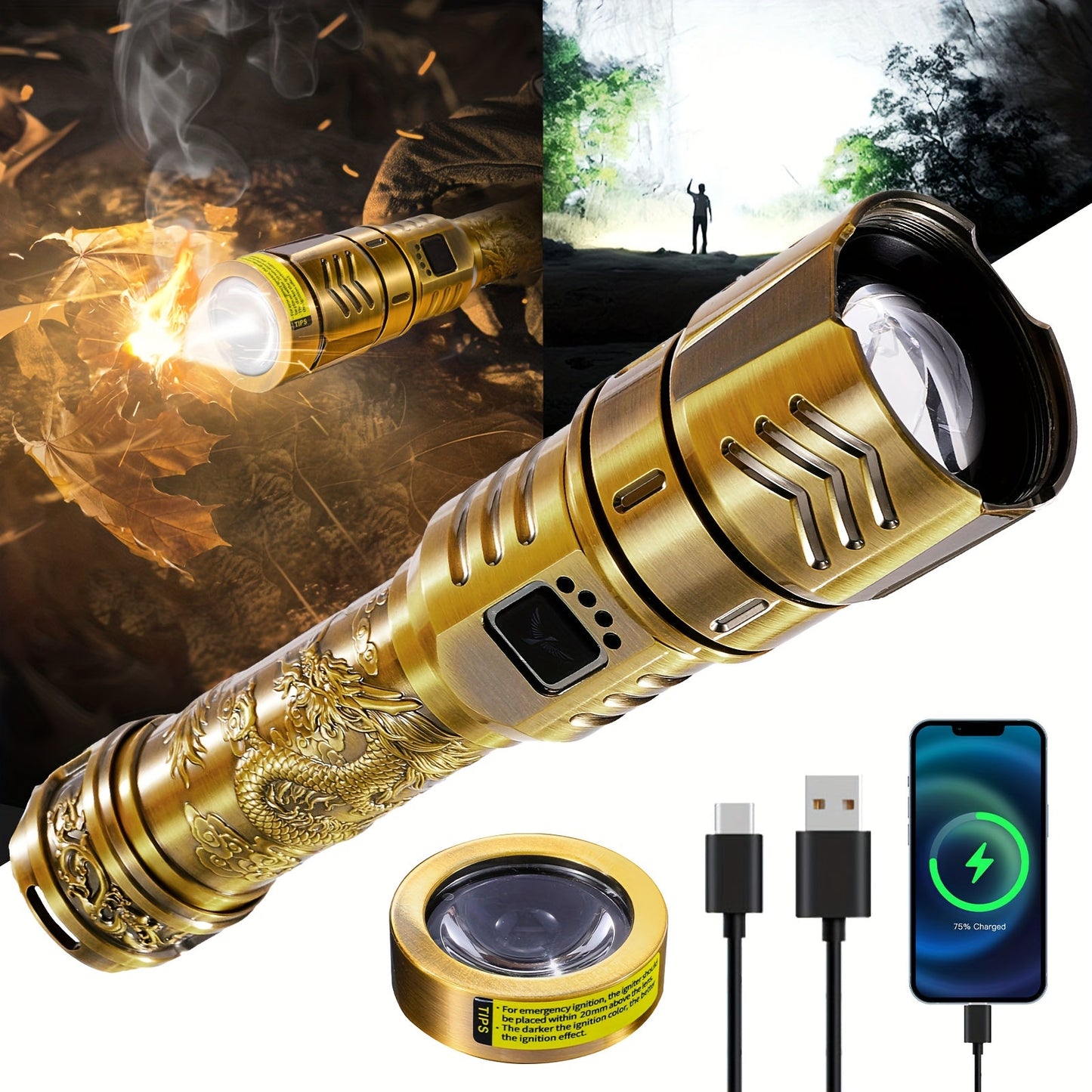 Tactical LED Flashlight 5000mAh Rechargeable Zoomable with Ignition Lens – 4 Modes High Brightness Golden Dragon Pattern Spotlight for Camping Outdoor Hiking Emergency Household Use