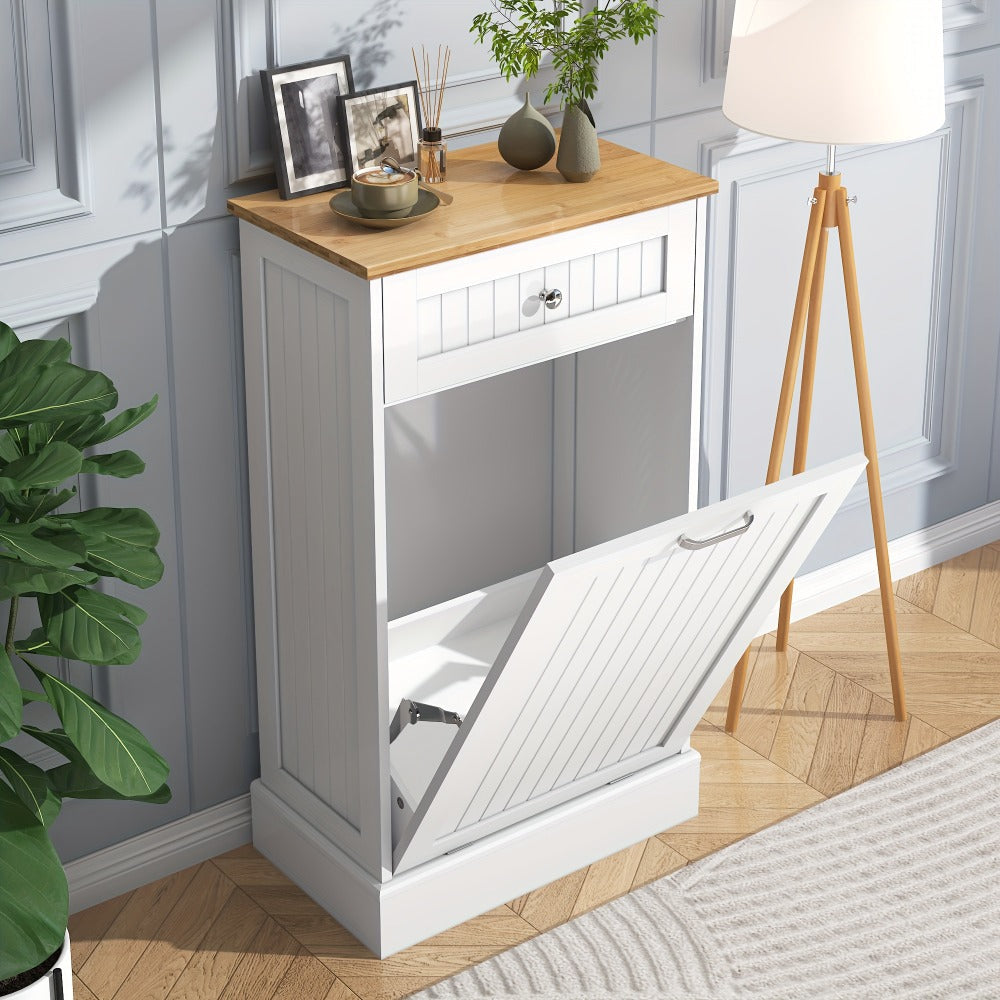 Tilt Out Trash Cabinet Freestanding Kitchen Garbage Cabinet with Cutting Board & Drawer – Wood Hideaway Recycling Station, Fits 10 Gal, Black/White