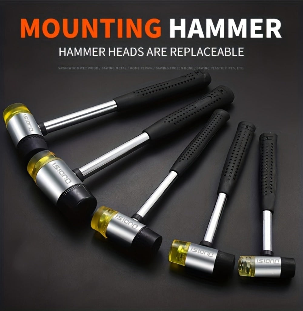 Double-Head Soft-Face Mallet with Steel Handle, Rubber Grip and Four Replaceable Head Sizes