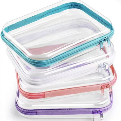 Four-Piece Storage Organizer Set with Clear Zipper Cases in S, M, L and XL Sizes and Four Trim Colors
