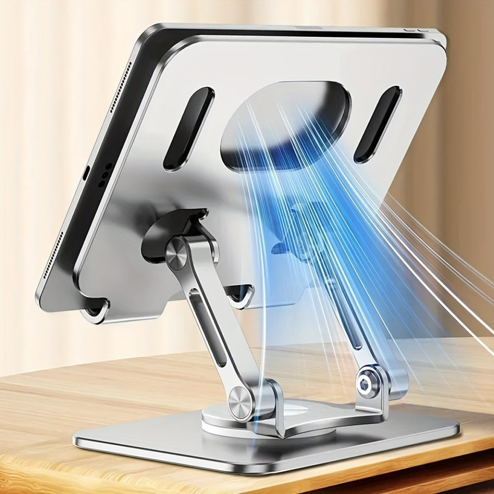 360 Rotating Tablet Stand for iPad, Foldable Adjustable Iron Flat Stand for Desk Home Office, Compatible with iPad Pro Air Mini and Most Tablets, Silver and Black