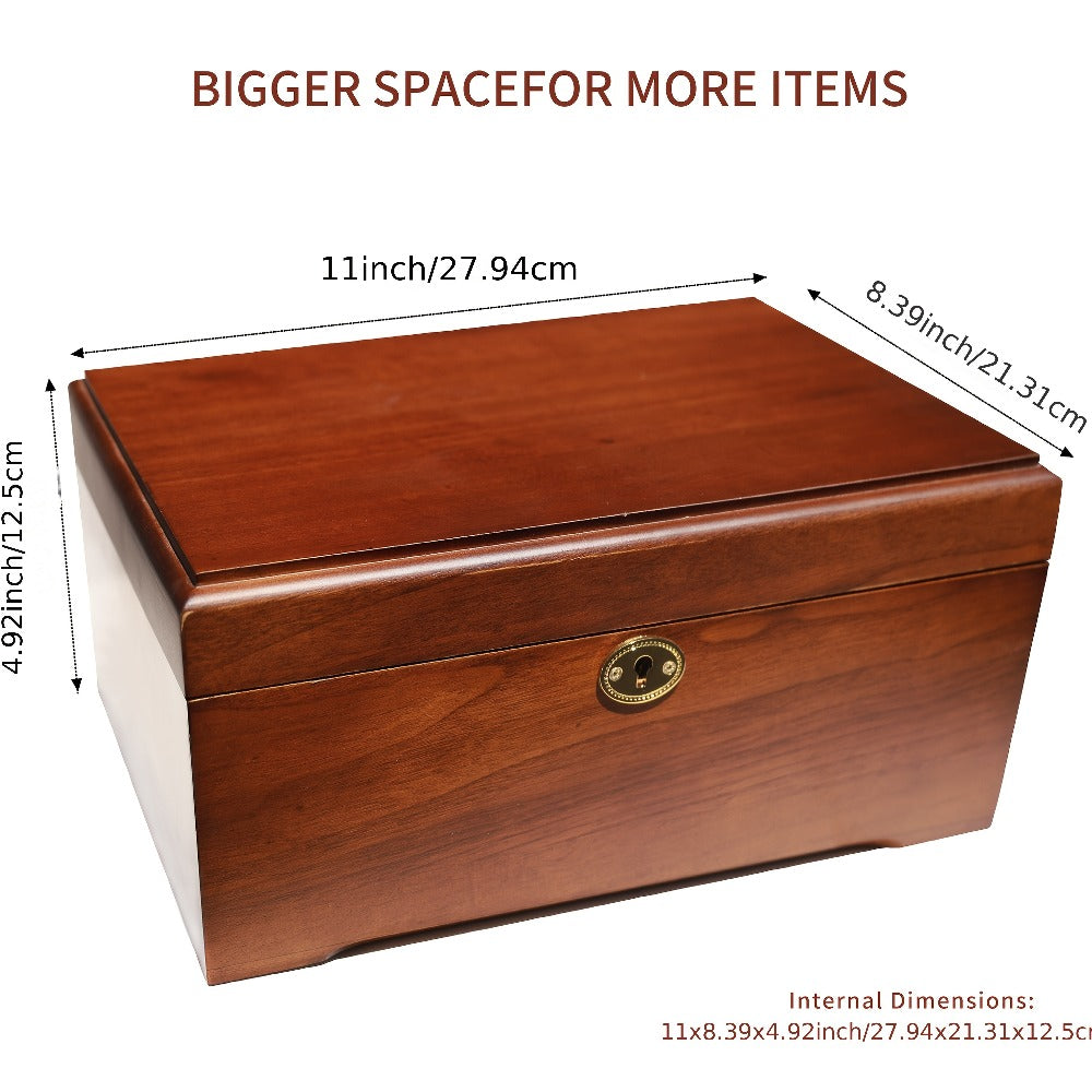 Jewelry Box, Handcrafted Wood Storage Chest with Hinged Lid, Key Lock and 11 x 8.5 x 5.25-Inch Exterior