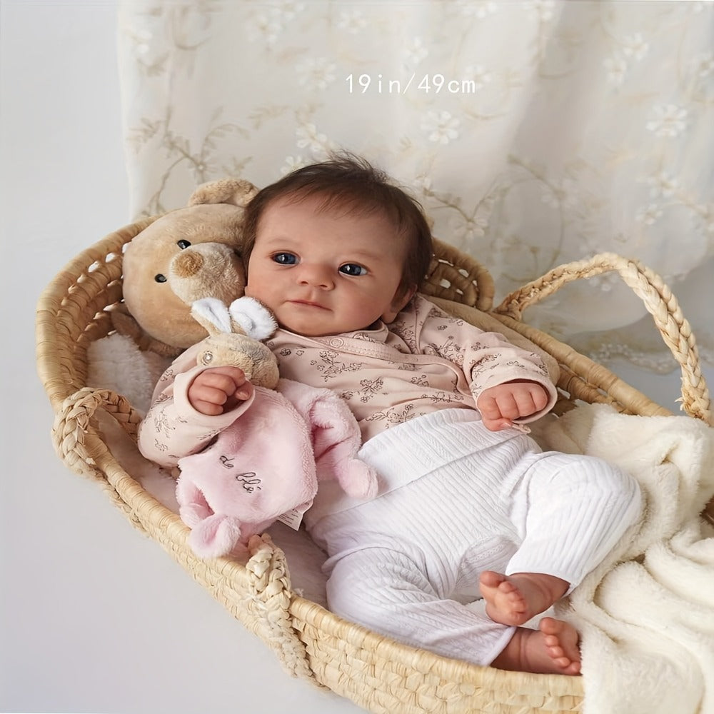 Bathable Reborn Baby Doll 19 Inch Full Silicone Vinyl 3D Painted Light Beige Skin Poseable Limbs Hand-Tied Hair Newborn Gift Set Pacifier Bottle Certificate for Kids Collectors