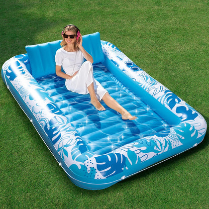 85 x 57-Inch Inflatable Pool Float Tanning Bed in Blue with Open Center, Ribbed Base and Raised Pillow