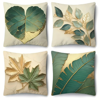 Green and Gold Leaf Throw Pillow Covers, Four-Piece 18 x 18-Inch Polyester Set with Zipper Openings