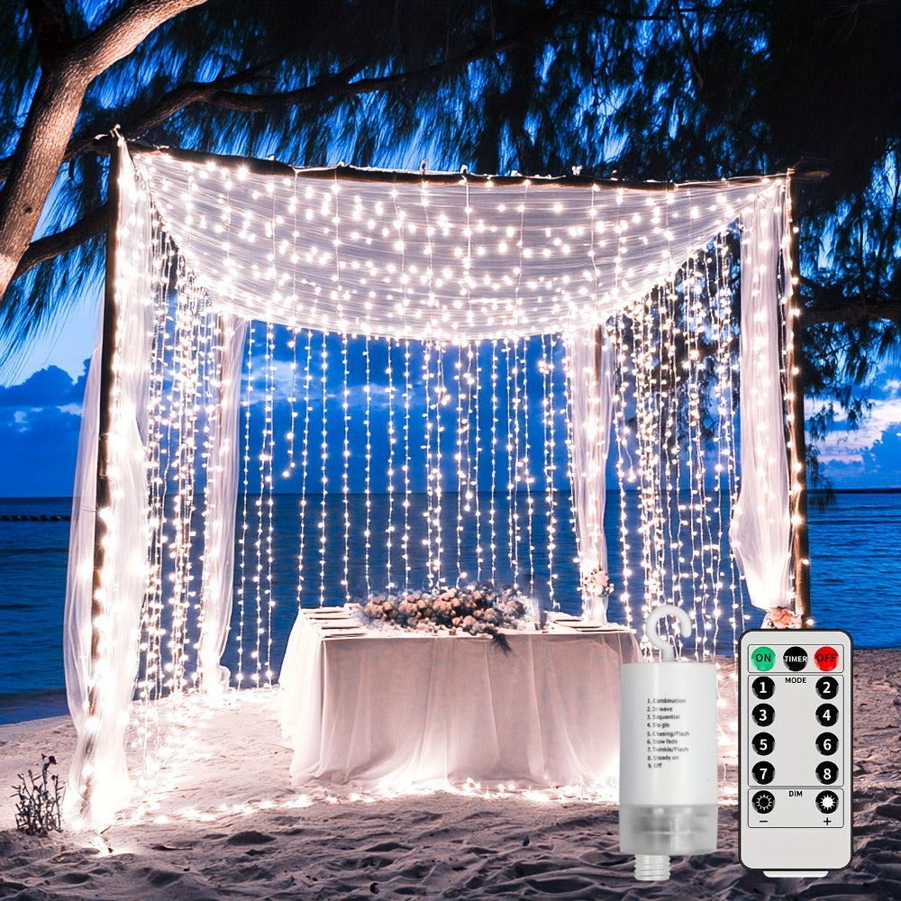 String Lights, 330-LED Waterfall Curtain Panel with Battery Power, Remote, Eight Modes and Three Colors
