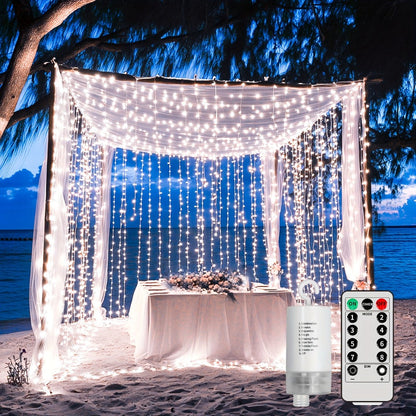 String Lights, 330-LED Waterfall Curtain Panel with Battery Power, Remote, Eight Modes and Three Colors