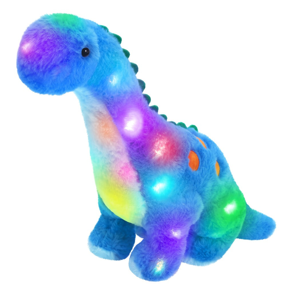 Plush Toy Blue Dinosaur with LED Glow and Optional Music for Colorful Interactive Display for Character Display, Room Decor and Gift