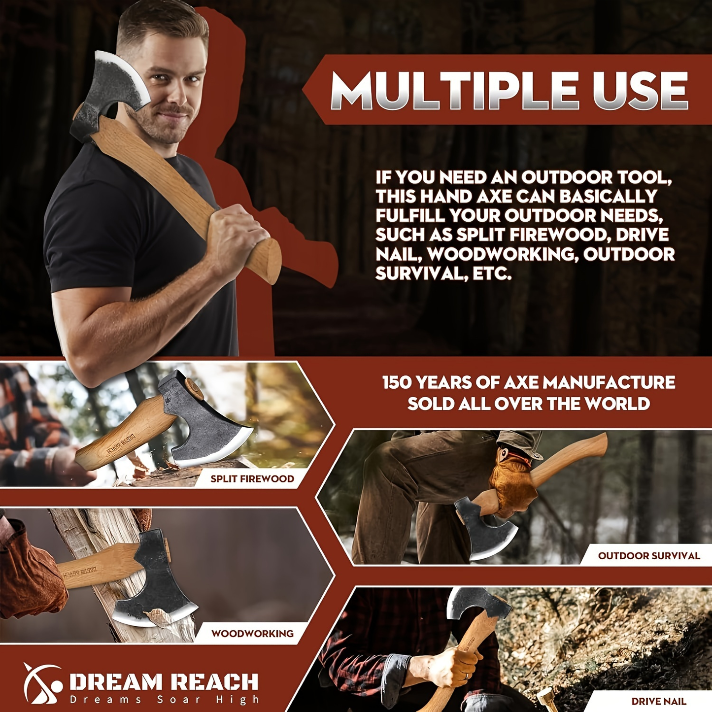 Hatchet Camping Axe 14 Inch Hand Forged High Carbon Steel Bushcraft Splitting Axe with Sheath - Ergonomic Wood Handle Hammer Poll for Firewood Chopping Hiking Survival Outdoor
