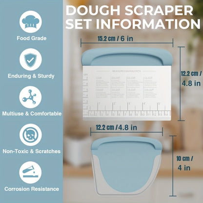 Two-Piece Dough Scraper Set with Metal Bench Cutter, Measurement Guide and Blue or Grey Bowl Scraper