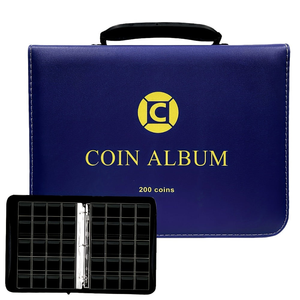 200-Pocket Coin Collection Album with 10 Pages, Zipper Handle and Black or Blue Cover for Adult Collectors