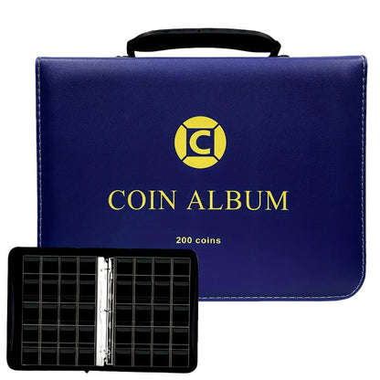 200-Pocket Coin Collection Album with 10 Pages, Zipper Handle and Black or Blue Cover for Adult Collectors