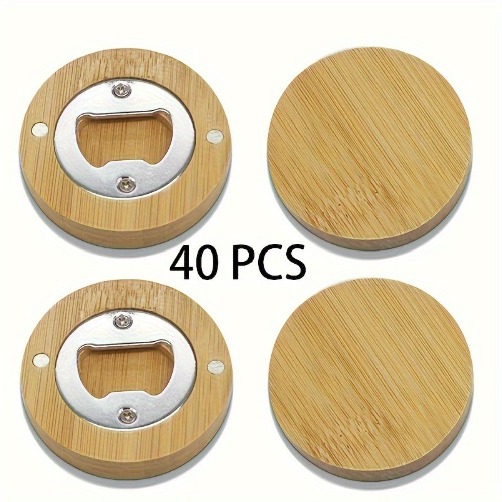 Round Bamboo Magnetic Bottle Openers in 20-, 40-, 80- or 160-Piece Packs for Party Favors and Gift Sets