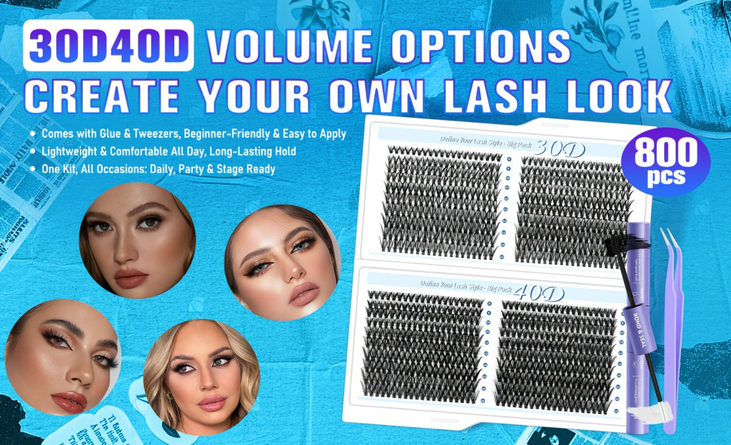 800-Piece 30D and 40D Lash Cluster Kit with Mixed 8–16mm Lengths, Bond-Seal Tube and Tweezers