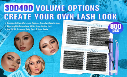 800-Piece 30D and 40D Lash Cluster Kit with Mixed 8–16mm Lengths, Bond-Seal Tube and Tweezers