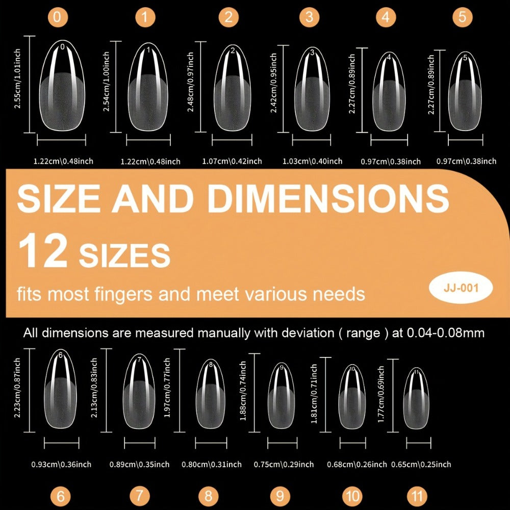 Clear Full-Cover Nail Tips, 600-Piece Set in Nine Almond, Oval, Stiletto, Coffin and Square Length Options