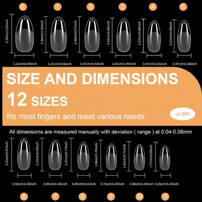 Clear Full-Cover Nail Tips, 600-Piece Set in Nine Almond, Oval, Stiletto, Coffin and Square Length Options