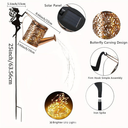 Solar Garden Light Watering Can Stake with 36 LED Waterfall Strands, IP65 Rating and Two Light Options