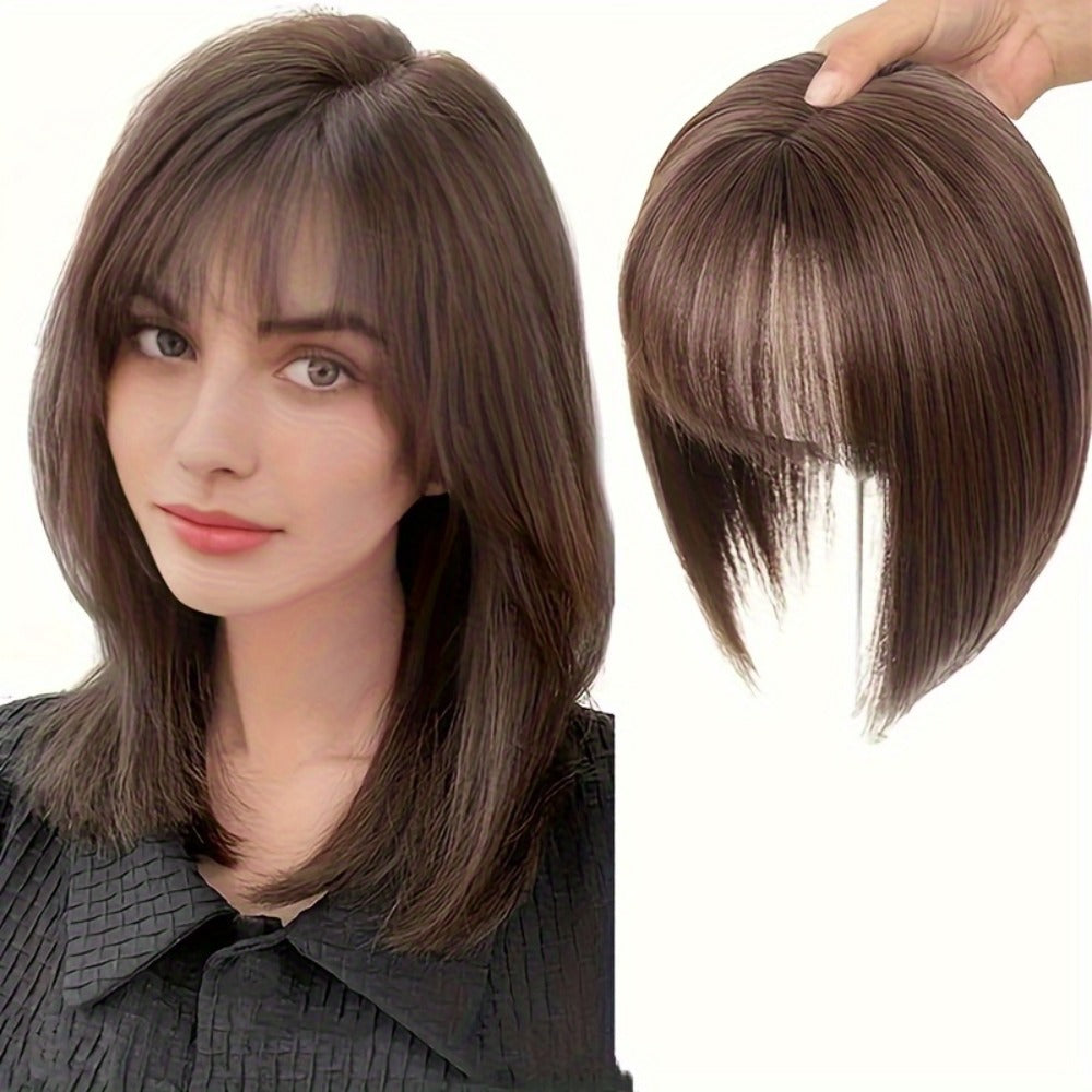 10-Inch Clip-In Hair Topper with Bangs in Black, Dark Brown or Light Brown Crown Coverage Options