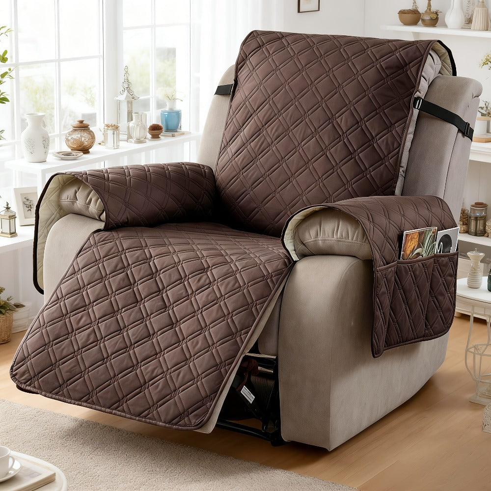 Quilted One-Piece Recliner Chair Cover with Side Pockets, Back Buckle Strap and 11 Color Options