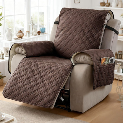 Quilted One-Piece Recliner Chair Cover with Side Pockets, Back Buckle Strap and 11 Color Options