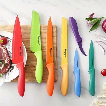 Kitchen Knife Set 14-Piece Rainbow Stainless Steel with Seven Knives and Seven Matching Blade Guards