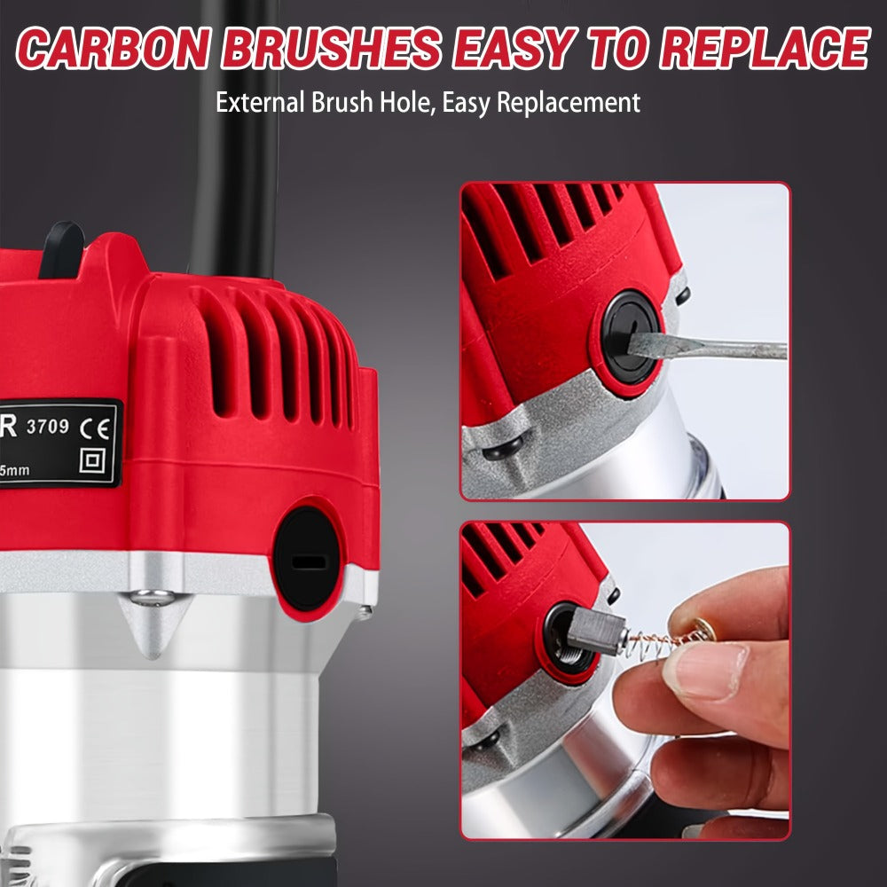 Compact 800W Wood Router Kit in Red or Blue with 15-Piece 1/4-Inch Bit Set and Guide Accessories