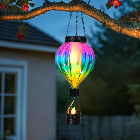 Solar Outdoor Lights Hot Air Balloon Hanging Lantern with Flame-Effect LED and Metal Frame for Garden Decor