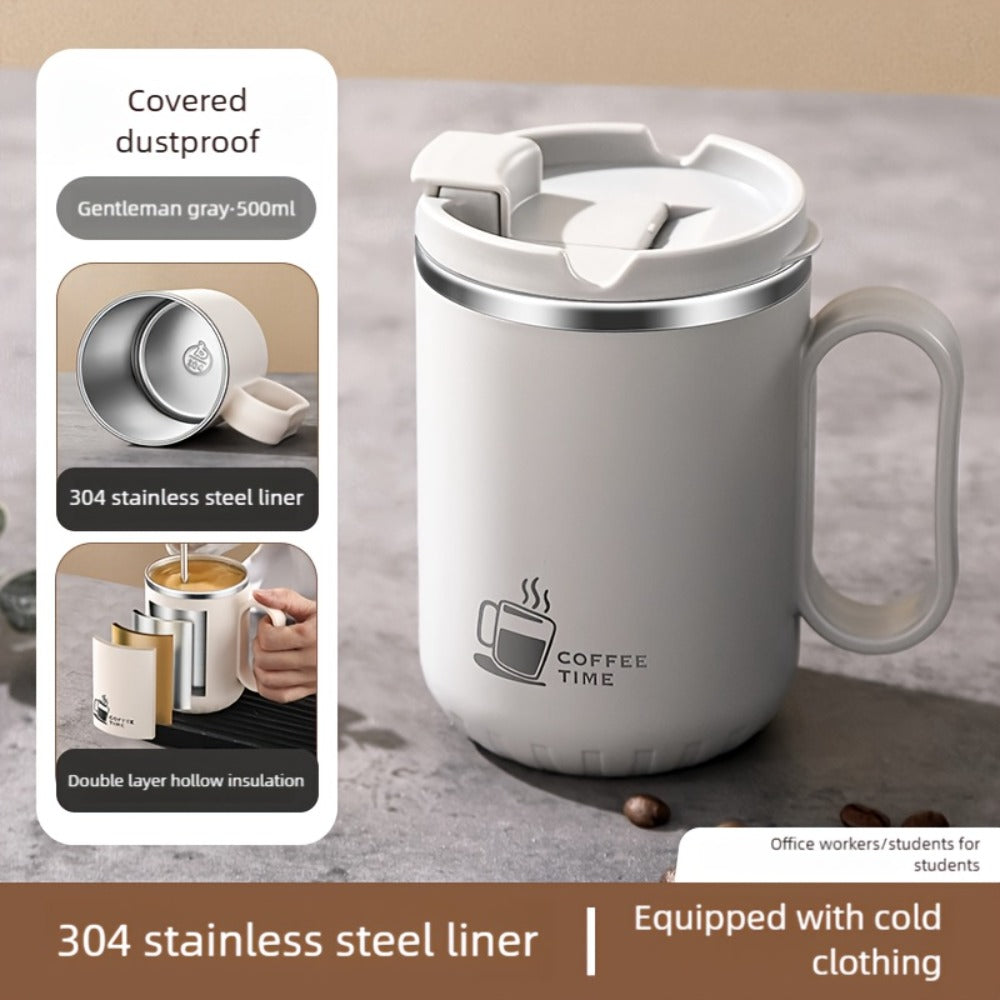 500ml Covered Stainless Steel Coffee Travel Mug with Handle in White, Black, Red, Grey or Brown