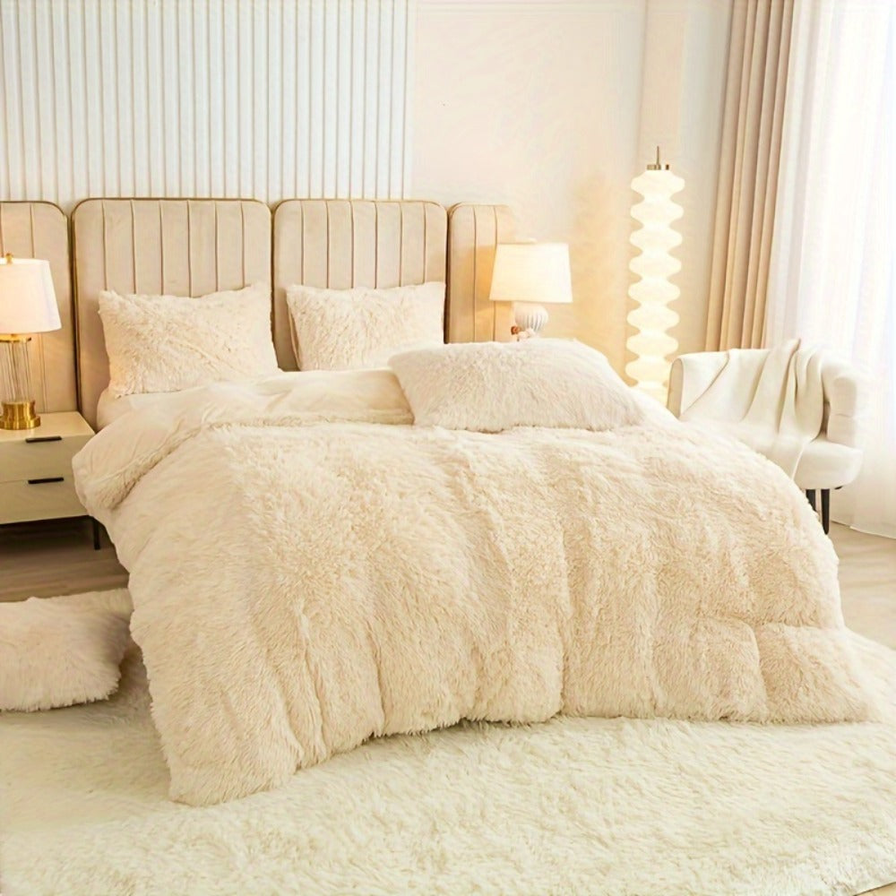 Three-Piece Plush Polyester Duvet Cover Set with Two Pillowcases in 14 Colors and Twin, Full, Queen or King Sizes