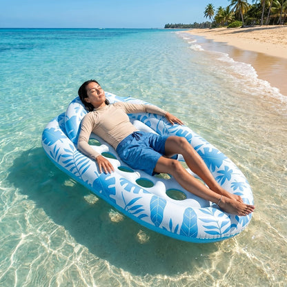 Blue-and-White Inflatable Pool Lounger with Backrest, Cup Holder and 77 x 50-Inch Pictured Size