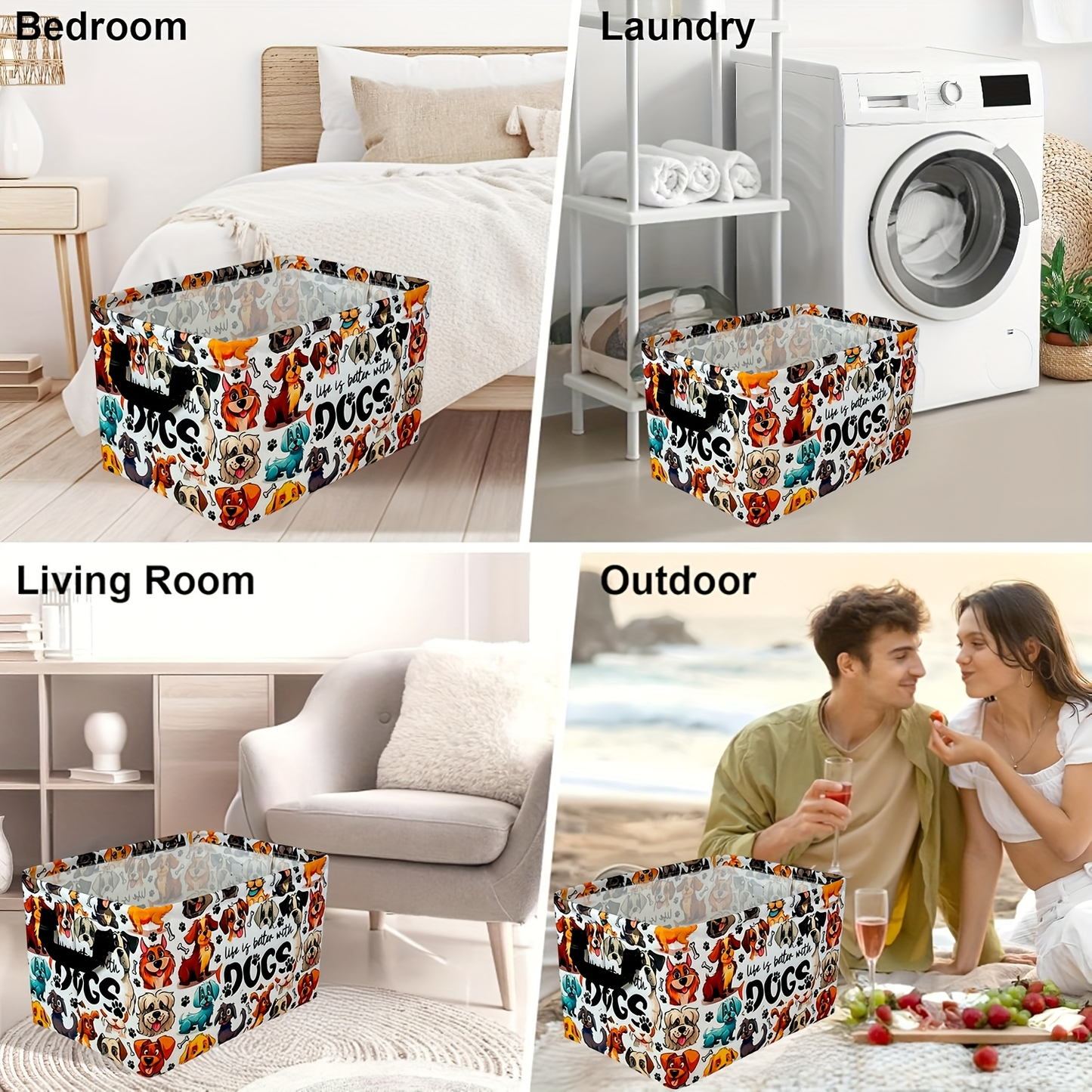 Collapsible Storage Basket with Handles Cute Cartoon Print Canvas Bin Box for Clothes Books Toys Shelves Laundry Bedroom Nursery Organizer Cube Gift Basket