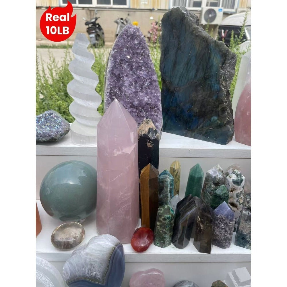 Ten-Pound Mixed Crystal and Gemstone Decorative Collection with Towers, Spheres, Clusters and Rough Stones