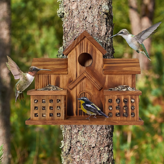 Hummingbird House Outdoor Large Birdhouse with Feeder, 3-Hole Natural Handmade Wood Bird House for Bluebird, Backyard Garden Decor, Living & Feeding Two-in-One