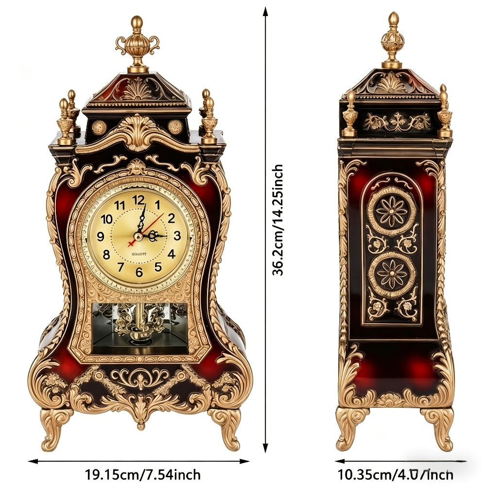 Ornate Brown-Red Tabletop Alarm Clock with Analog Dial, Decorative Pendulum Window and 14-Inch Height