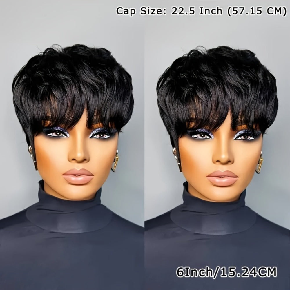 Human Hair Pixie Cut Wig with Bangs Glueless 180% Density Straight Black 6 Inch Rose Net Cap Machine Made Wig for African American Women
