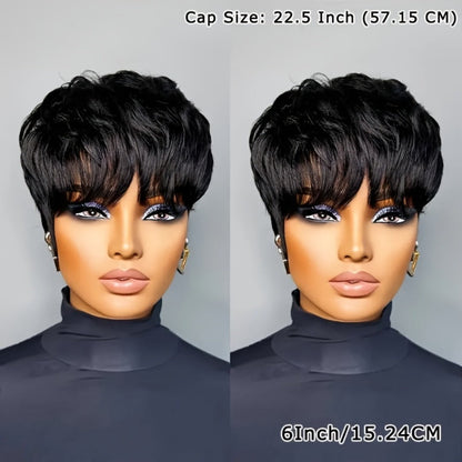 Human Hair Pixie Cut Wig with Bangs Glueless 180% Density Straight Black 6 Inch Rose Net Cap Machine Made Wig for African American Women